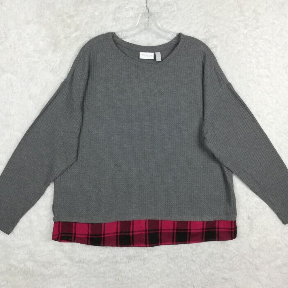 Place Womens Top Blouse Waffle Knit Gray‎ Red Plaid Trim Long Sleeve Plus XXL